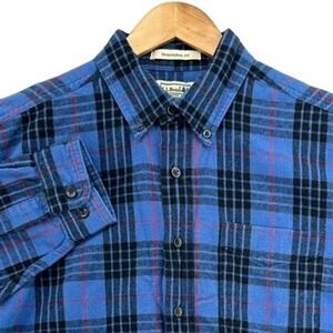 L.L. Bean Traditional Fit Scotch Plaid Flannel Button Up Shirt Blue Black SZ L